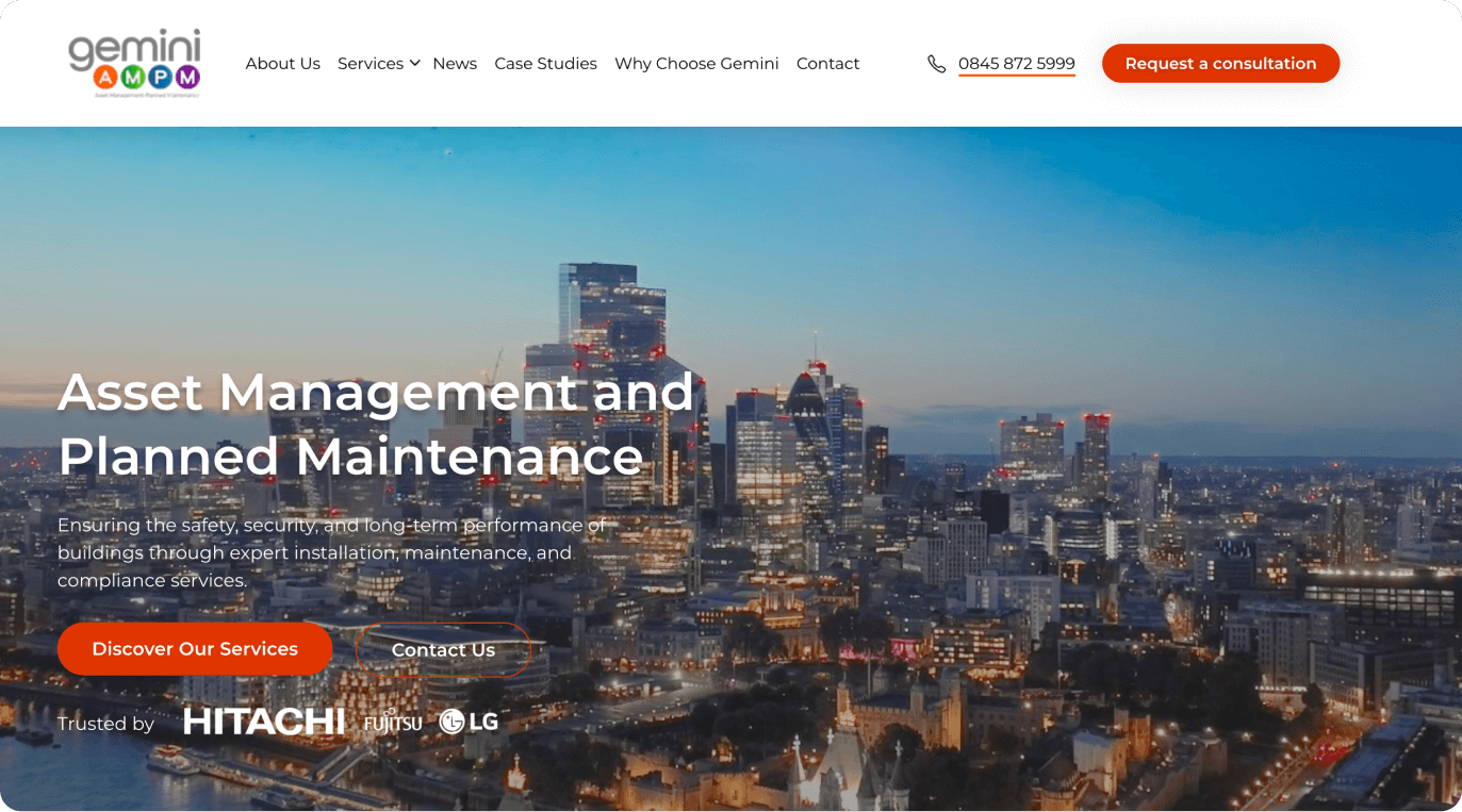 Gemini AMPM homepage: "Asset Management and Planned Maintenance" over a London skyline at dusk, trusted by Hitachi, Fujitsu and LG, with a request-a-consultation button