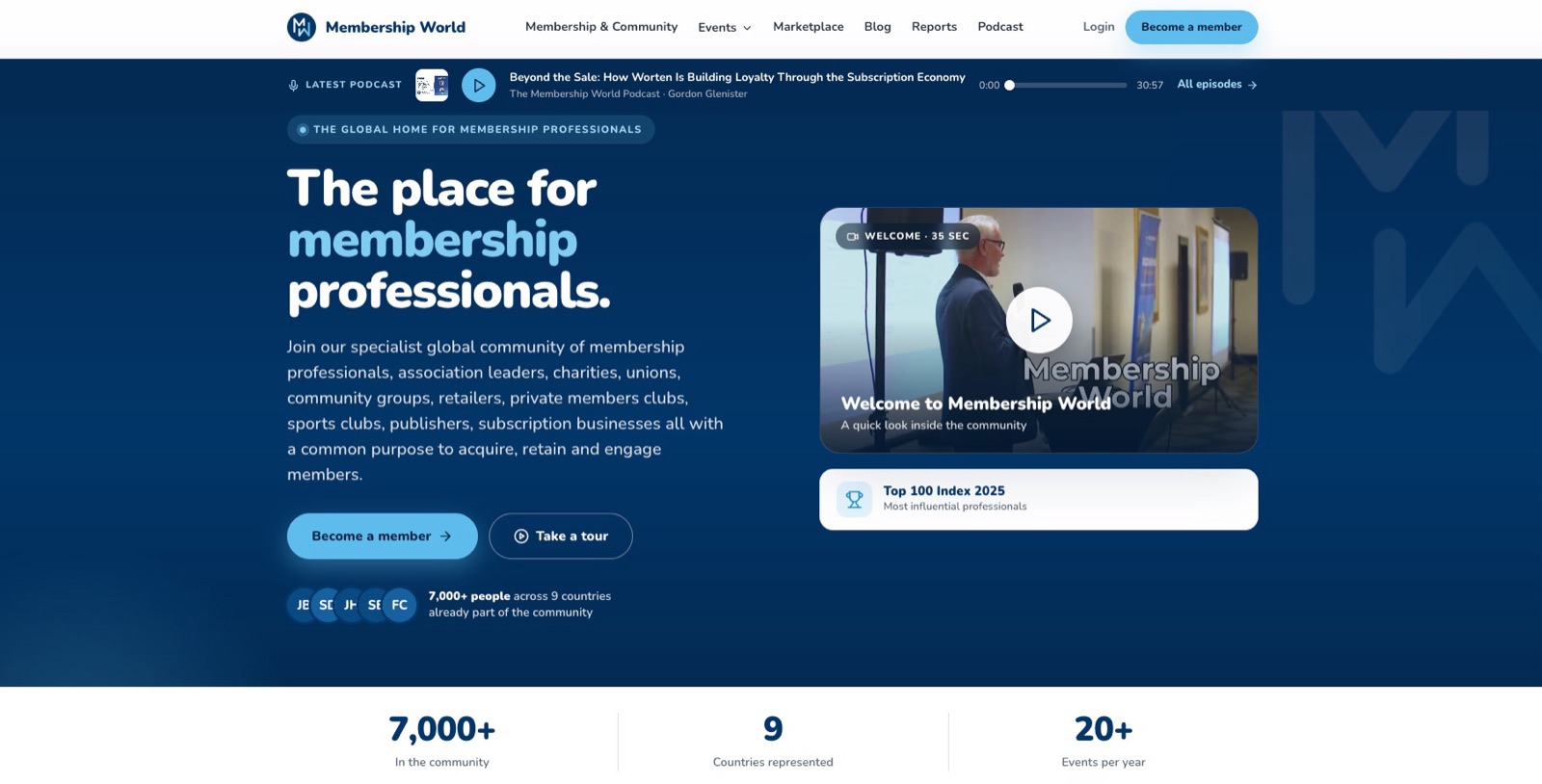 Membership World homepage: "The place for membership professionals" with podcast player, welcome video and community statistics