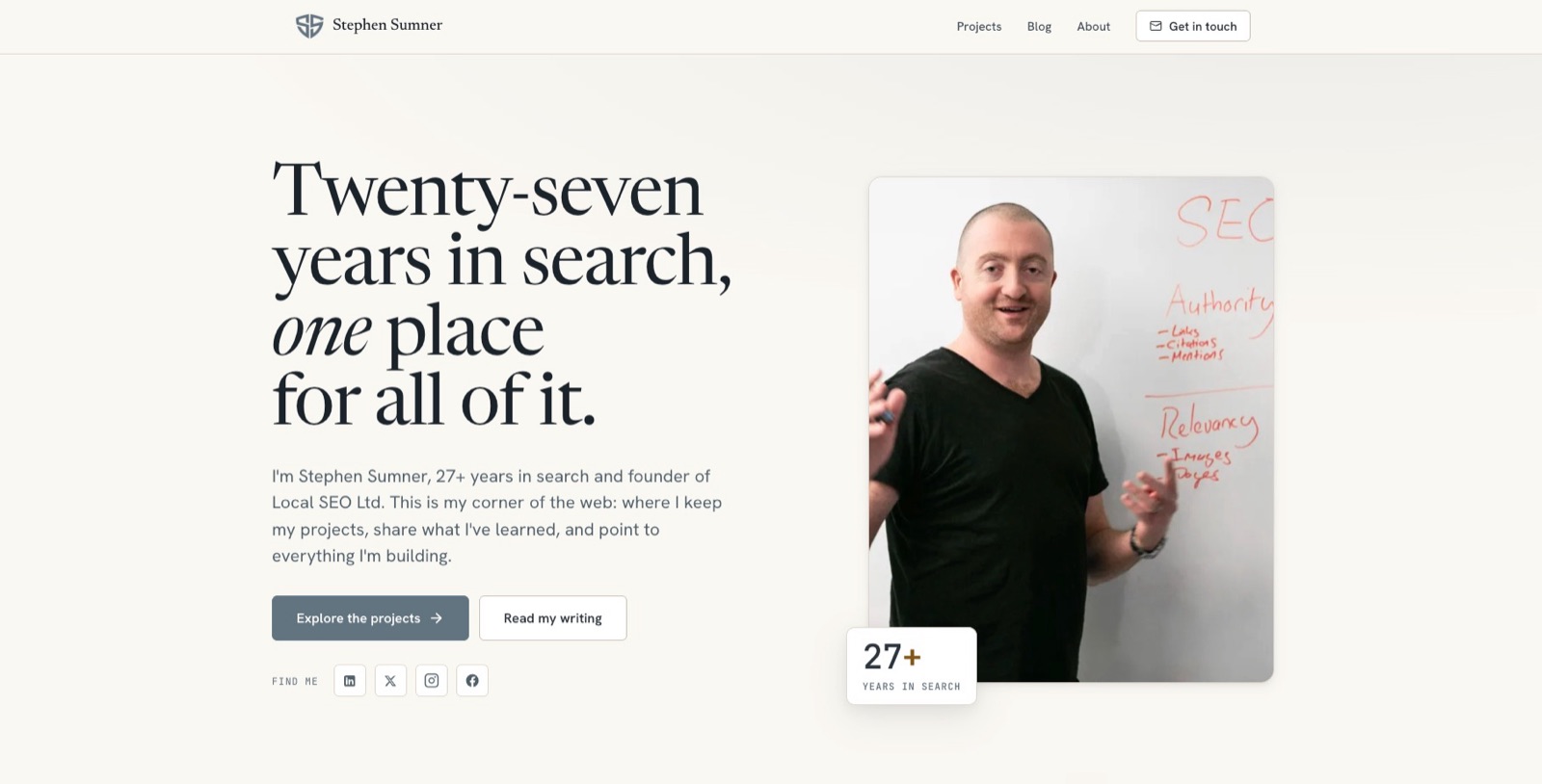 stephensumner.com homepage: "Twenty-seven years in search, one place for all of it" with portrait and projects links